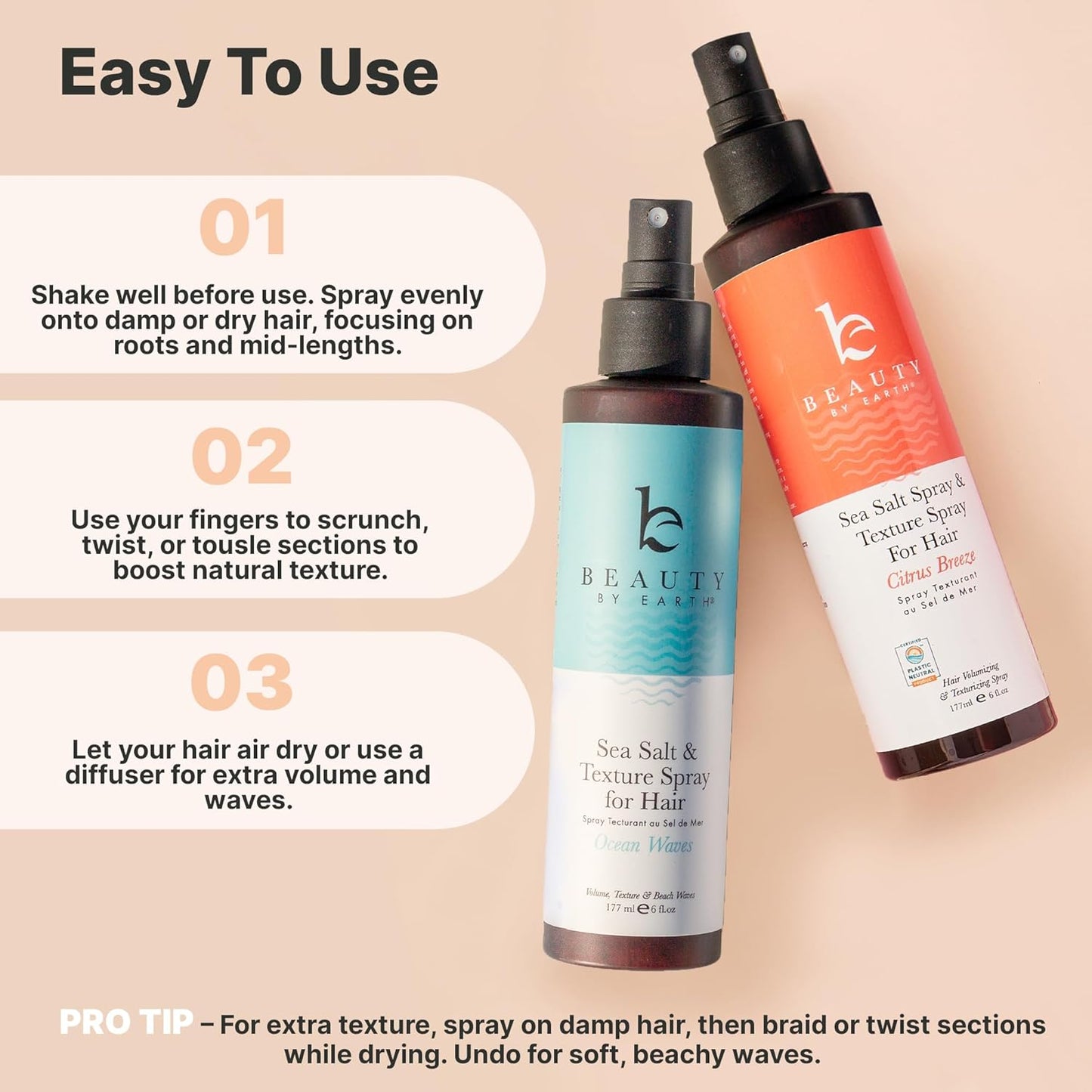 Beauty by Earth Sea Salt Spray - Aloe-Enhanced Beach Waves without Dryness, Texture & Volume Spray for All Hair Types, USA Made with Organic Ingredients, Ocean Waves Scent 6oz