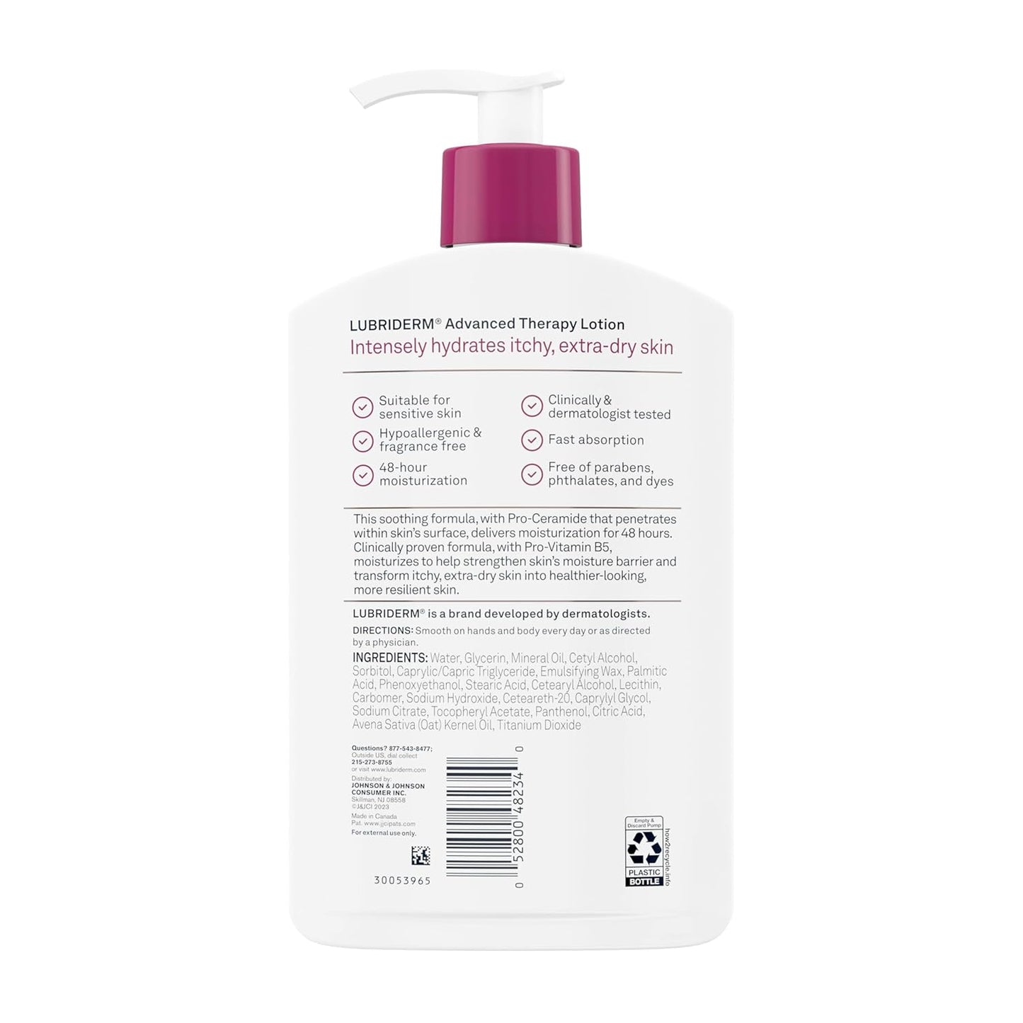 Lubriderm Advanced Therapy Fragrance Free Moisturizing Hand & Body Lotion + Pro-Ceramide, Intense Hydration for Itchy, Extra Dry, & Sensitive Skin, Non-Greasy, Hypoallergenic, 16 fl. oz