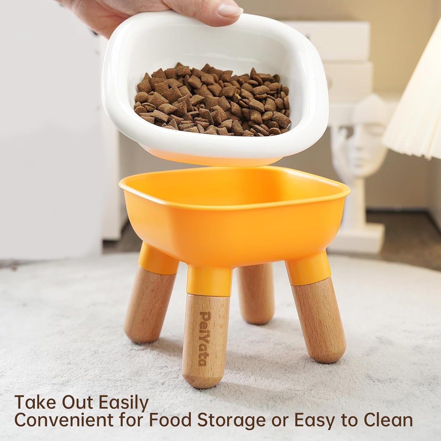 Elevated Cat Bowl and Dog Bowl - Ceramic Raised Pet Bowl with ABS & Beech Wood Stand for Neck & Whisker Relief,Weighted Food or Water Set for Cats & Small Dogs 13.5OZ