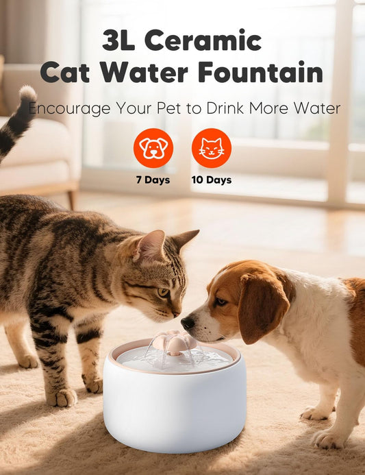 WOPET Premium Ceramic Cat Water Fountain W03 Lite,3L/101oz Automatic Pet Water Fountain for Cats & Dogs, Dishwasher Safe,Luxury Cat Fountain with Ultra-Quiet Pump and Filter & Sponge