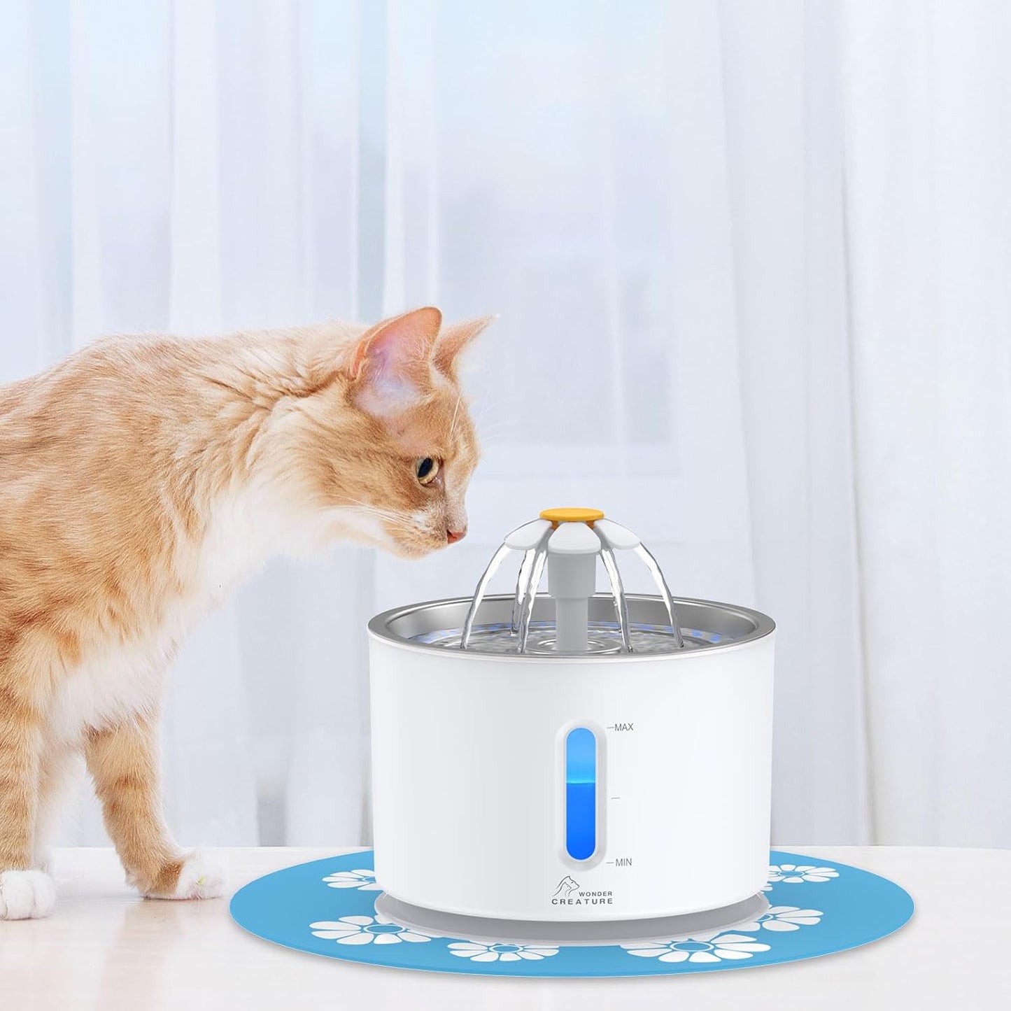 Wonder Creature Cat Water Fountain Stainless Steel, 81oz/2.4L Cat Fountain with Water Level Window and LED Light for Water Shortage Alert, Cat and Dog Fountain with 3 Filters and 1 Mat