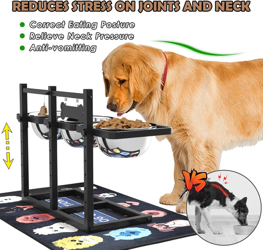 Elevated Dog Bowls for Large Dogs, 6 Height Adjustable Raised Stand with Mat, Slow Feeding Bowl and Three 1700ML Bowls, for Large Breed and Multi-Pet Households