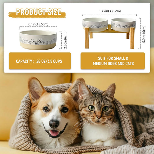 Elevated Ceramic Dog Bowls with Wooden Stand,6.1inch Raised Dog Bowls with Cute Pattern for Small and Medium Breed Dogs,2 Pack Dogs Food and Water Bowl Set,Weighted Pet Dishes Dishwasher Safe