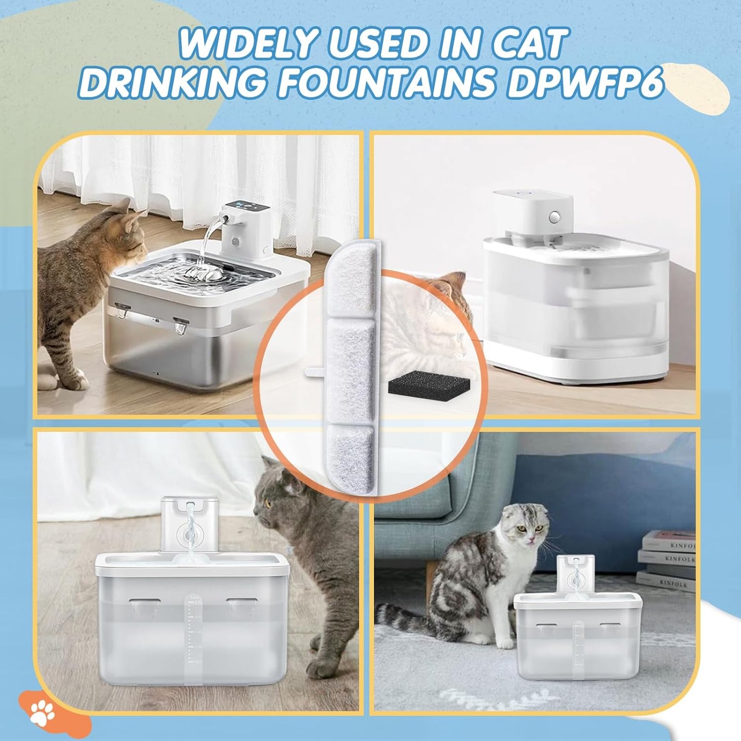 12Packs Replacement Filters Compatible with Downy Paws Cat Water Fountain - Triple Filtration Filters for DownyPaws 84oz/2.5L Wireless Pet Fountain DPWFP6 (12 Filters & 12 Sponges)