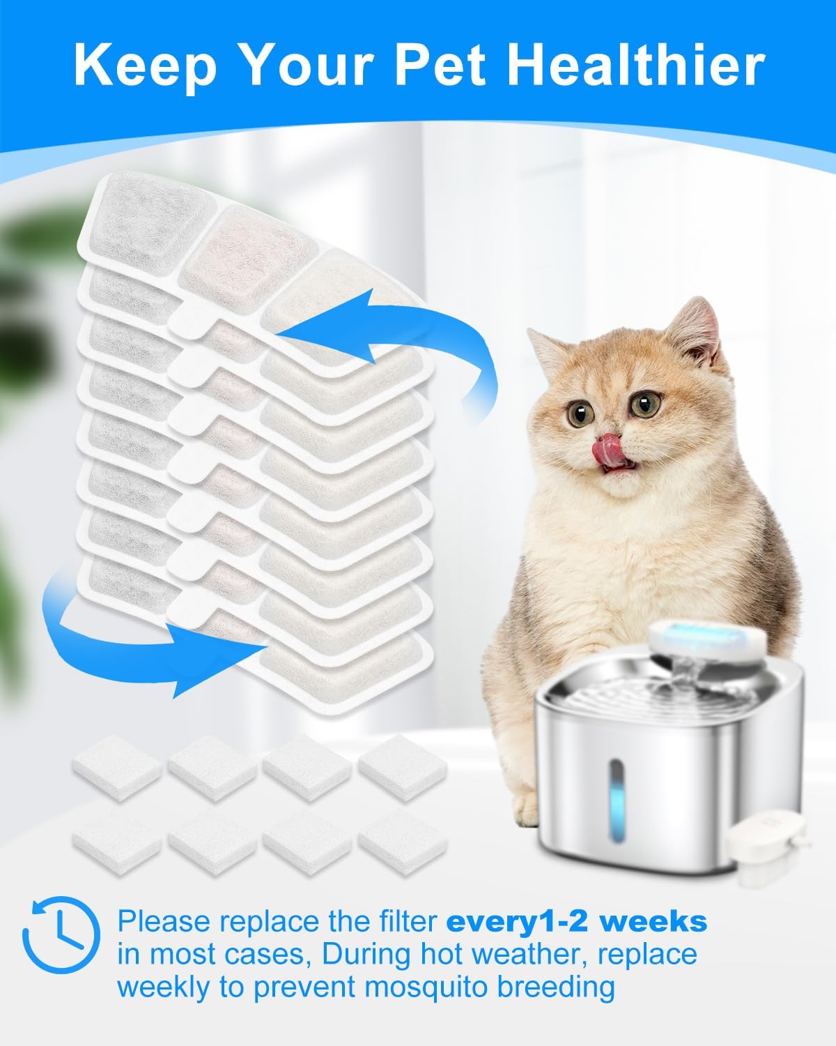 8+8 Pack Cat Water Fountain Filter Replacement Compatible with oneisall PW03 & PW04 3.5L/118oz, Cat Fountain Filters Replacement Fit for oneisall, Multilayer Filters System, 8 Filters+8 Sponge