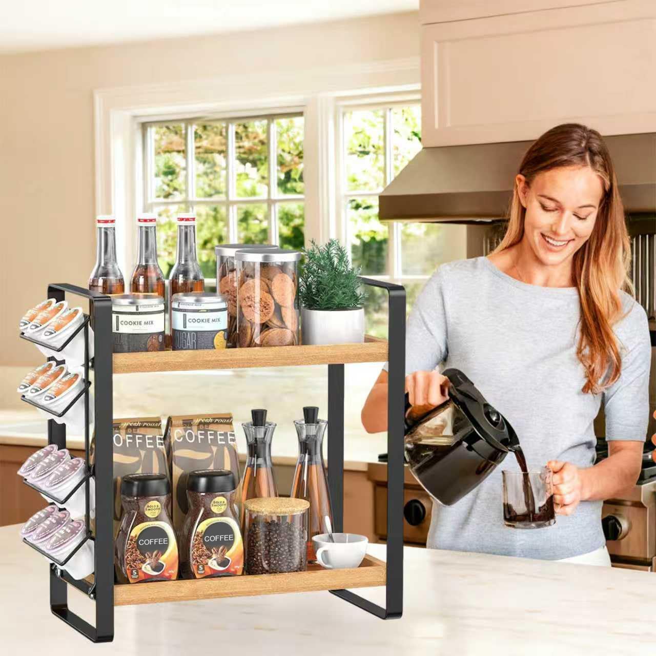 LEMIKKLE Coffee Station Organizer for Counter,Condiment Storage Caddy for Kitchen,2 Tier Wooden Shelf for Coffee Bar Accessories,Coffee Bar Organizer for Kitchen, Home, Office-Brown