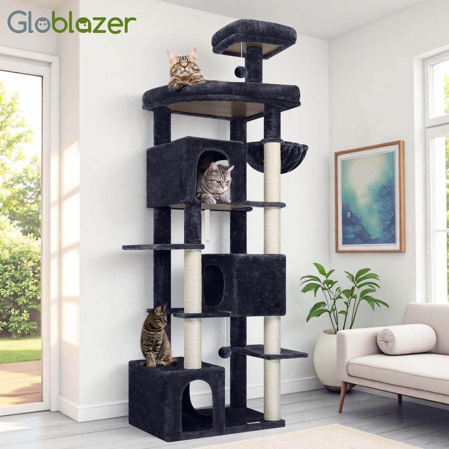 Globlazer Cat Tree for Indoor Cats, 80in Heavy Duty Cat Tower with 6 Full Wrapped Sisal Scratching Posts, 3 Spacious Multi-Level Cat Condos, Oversized Fan-Shaped Perch, S80, Dark Grey