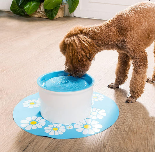 Silicone Pad for Pet Water Fountains, 13.4 inch Large Size Silicone Dog Cat Bowl Mat Waterproof Non-Slip Non-Stick Lovely Flowers Pattern Pad Safe for Dogs Cats Birds (Blue)