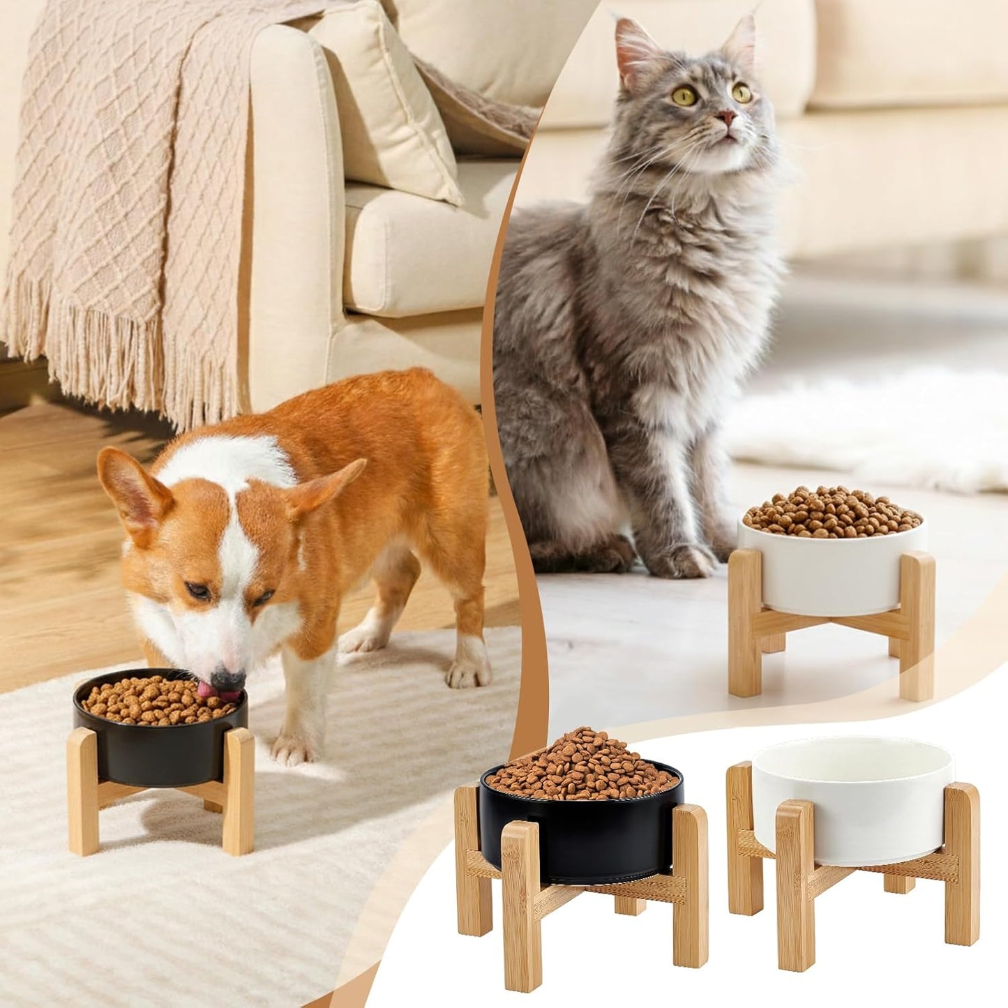 2 Pack 5.9Inch Ceramic Raised Dog Bowl, Raised Dog Bowls with Non-Slip Bamboo Stand Food and Water Bowls Heavy Duty Pet Bowl for Small and Medium Dogs (Black + White)