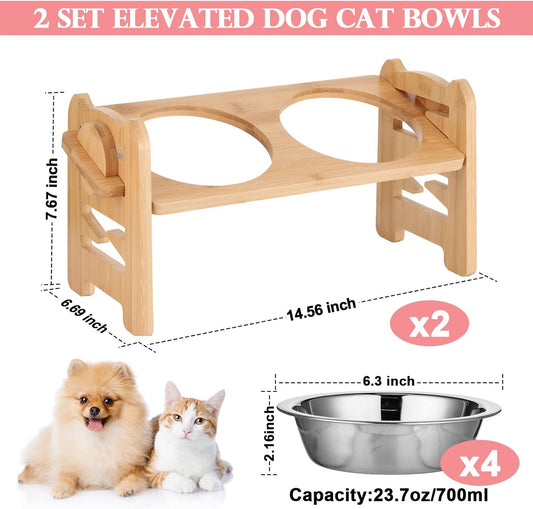2 Set Elevated Dog Cat Bowls, 15 Tilted Raised Pet Bowl for Puppy and Cats Adjustable Dog Food Feeding Dishes Wood Stand Pet Feeder with Stainless Steel and Non Slip Feet