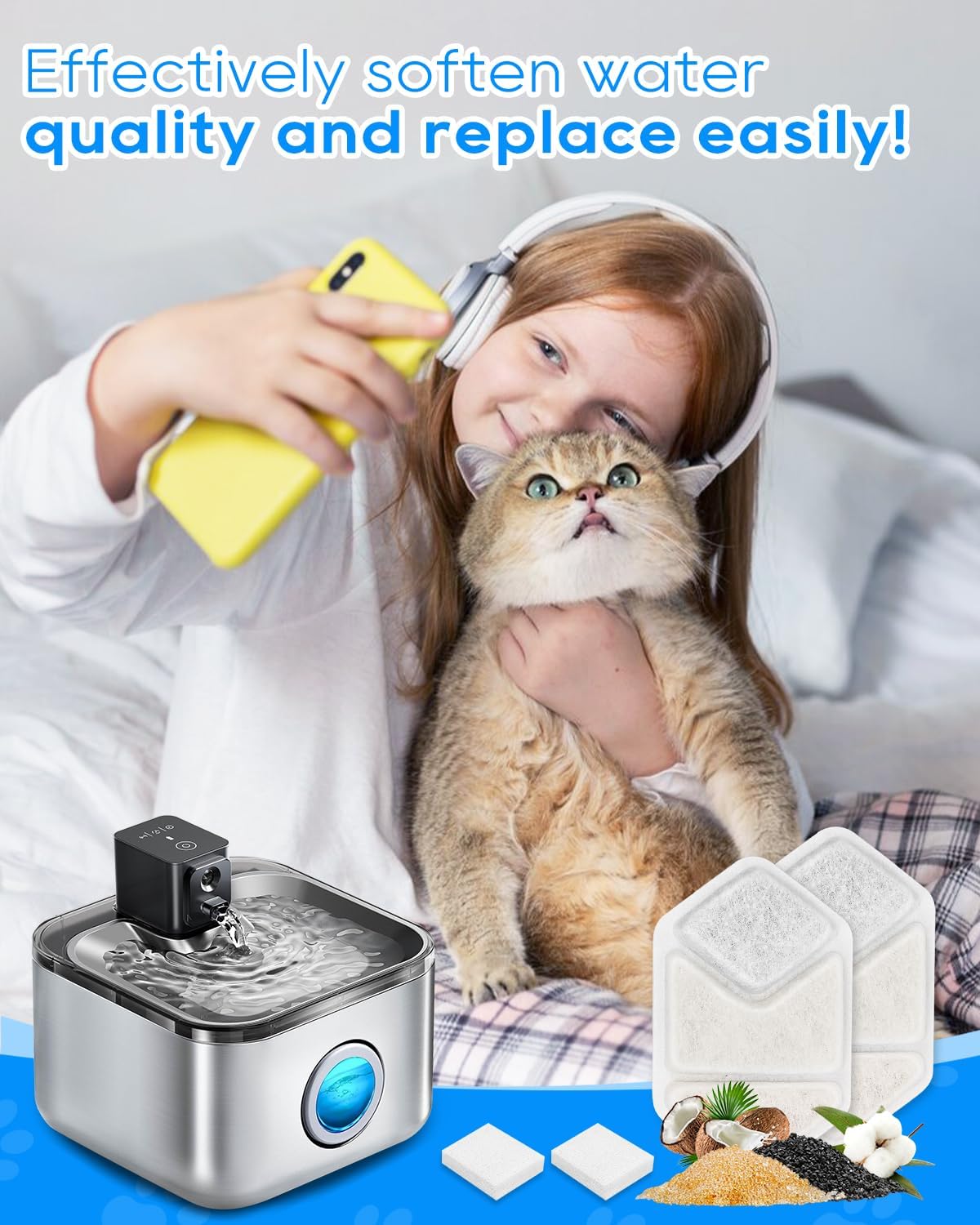 24 Pack Cat Water Fountain Filters Compatible with Speedeer Wireless Cat Fountain Stainless Steel Filters 135oz/4L ZTI0506 Filter for Cats with Pre-Filter Sponges