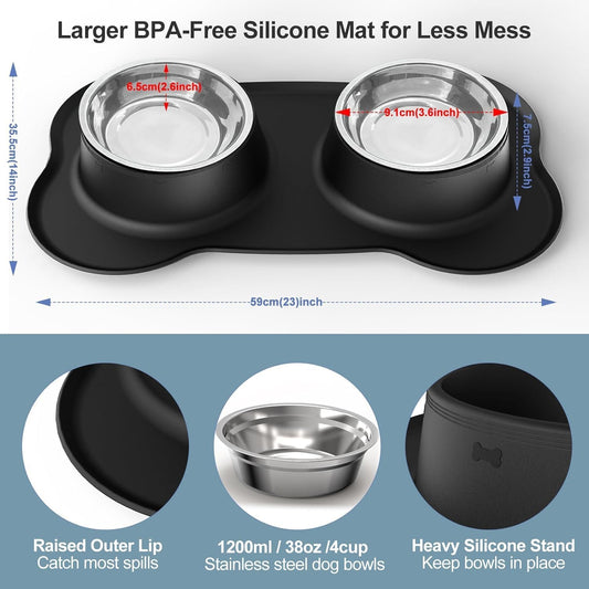 Pet Deluxe Dog Bowls Stainless Steel Dog Food Water Bowl Set with Stand, Feeding Bowls No Spill Non-Skid Silicone Mat, Dog Dishes for Small Medium Large Size Dog Puppy Pet Food Bowls, Black, 4 Cup