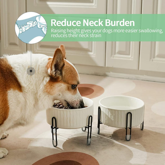 OMAYKEY 32 oz Ceramic Dog Cat Bowls with Elevated Metal Stand, 6.5 Inch Ceramic Round Pet Food and Water Feeder Bowl Dish for Cats & Dogs, White, Set of 2
