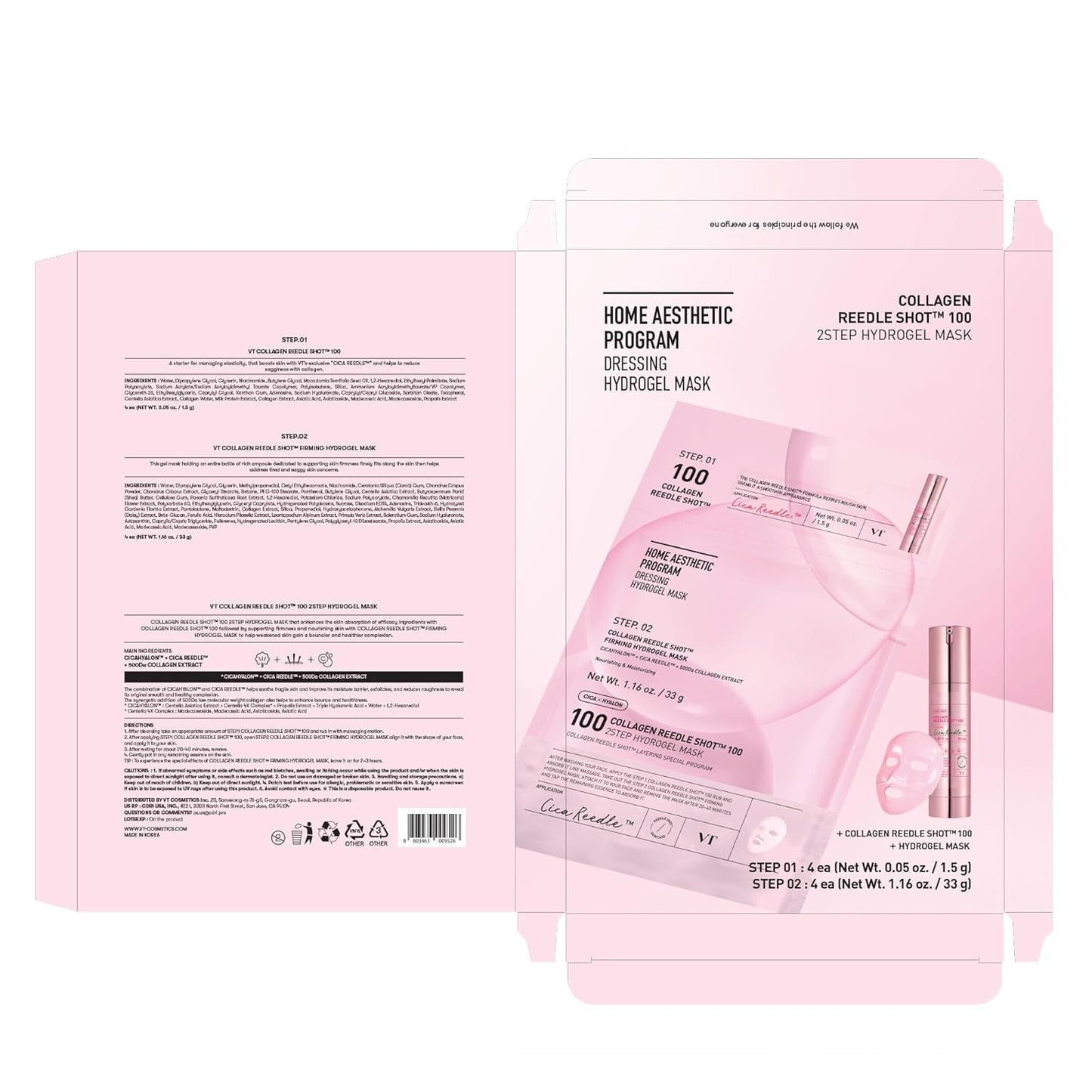 VT COSMETICS Collagen Reedle Shot 100 2-Step Hydrogel Mask (34.5g x 4ea), Firming & Elasticity Care, Exosome 500Da, Fine Lines, Hydrating Overnight Melting Mask, Korean Skincare, Facial Gel Mask