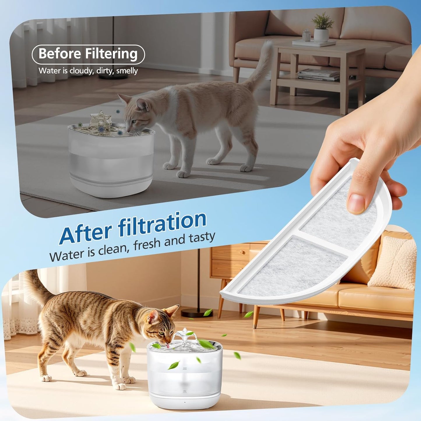 15-Pack Cat Water Fountain Filters Compatible with eufy Stainless Steel Pet Fountain 3L/105oz, Pet Water Fountain Filter with Triple Filtration System for Cats and Dogs