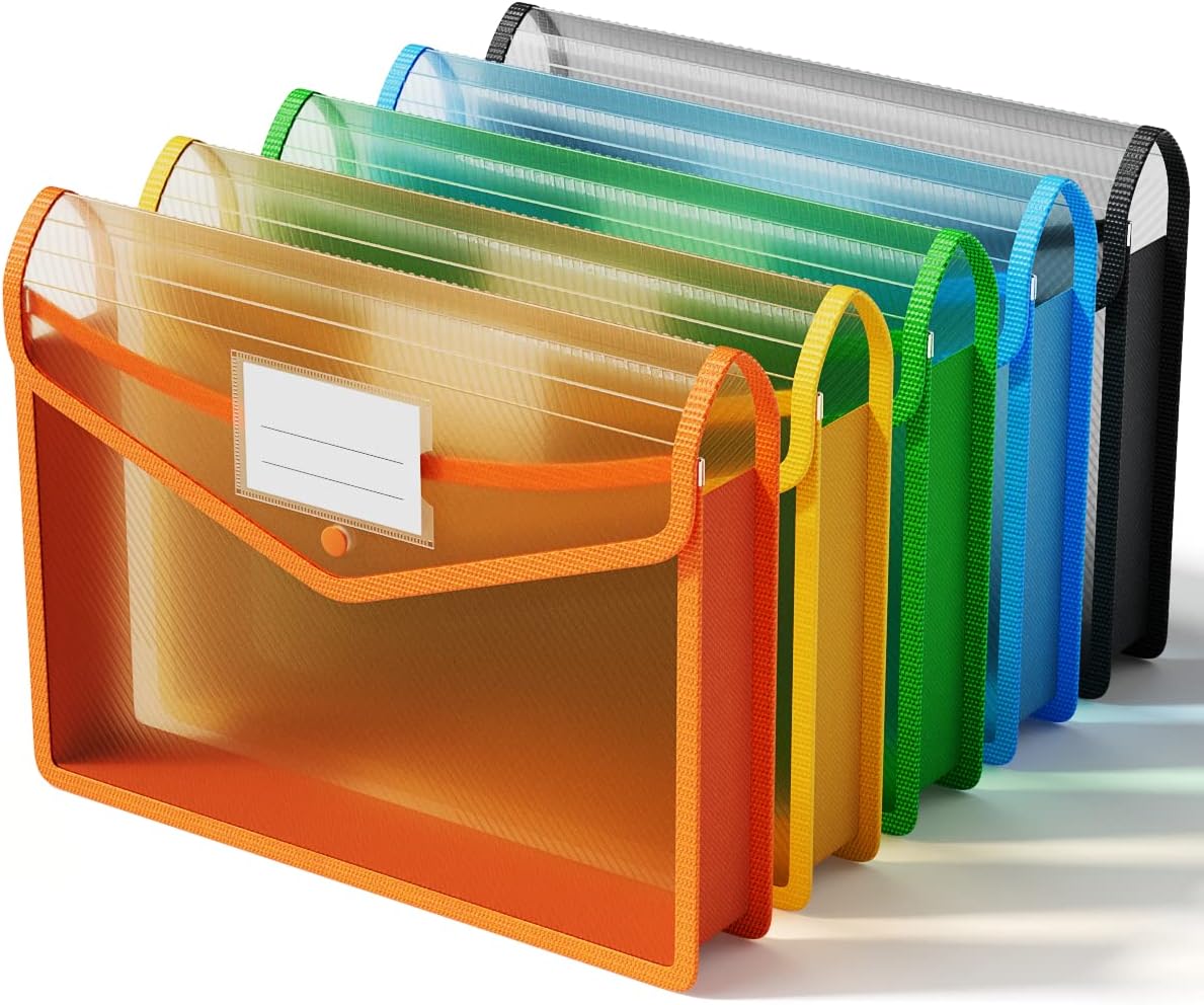 ThinkTex Plastic Expanding File Folder, Transparent Envelopes with Snap Closure, No Dividers, Large Capacity, Assorted Colors, Fits Letter / A4 Size - 5 Pack