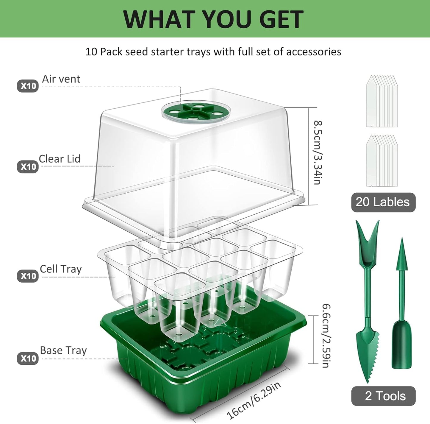 YAUNGEL Seed Starter Tray, 10 Pack 120 Cells Thicken Seed Starter Kit with Heightened Lids Humidity Dome Seedling Starter Trays for Indoor Gardening Plant, Green