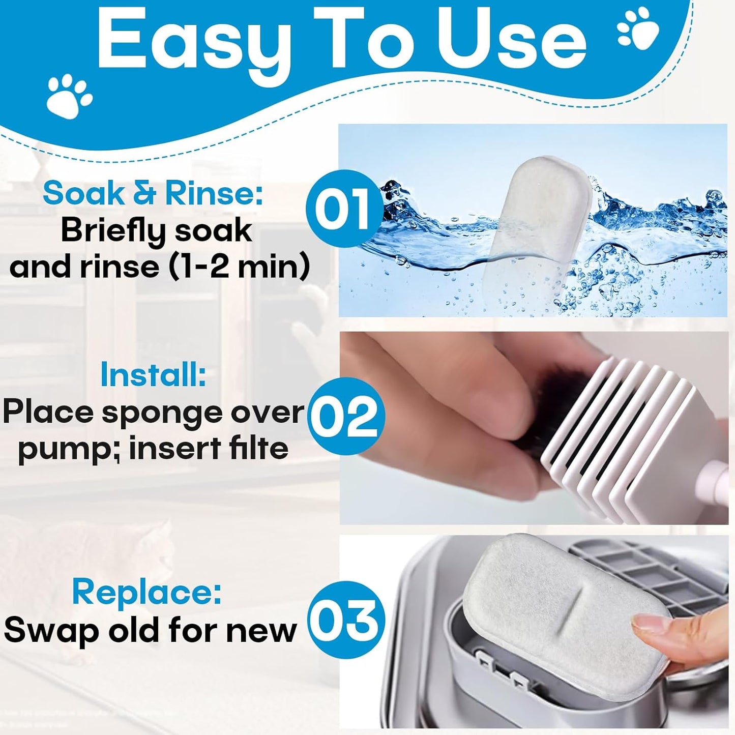 12 Pack Cat Water Filters Replacement for 108Oz/3.2L & 67Oz/2L Stainless Steel Pet Water Dispenser, Cat/Dog Indoor Water Dispenser Fountain for Most Pet Water Fountains 12 Filters & 12 Sponges