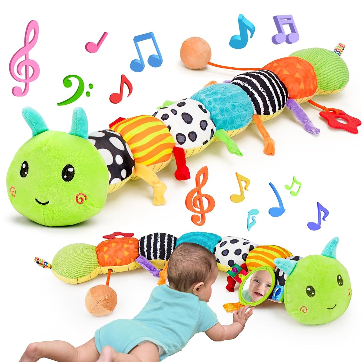 Baby Sensory Toy 0-6 Month Music Animal Stuffed Plush Caterpillar Toy for Infant 0-3-6-12 Month Old Tummy Time with Mirror Crinkle Rattle Toys for Newborn Boys Girl Shower Gifts Easter Basket Stuffer