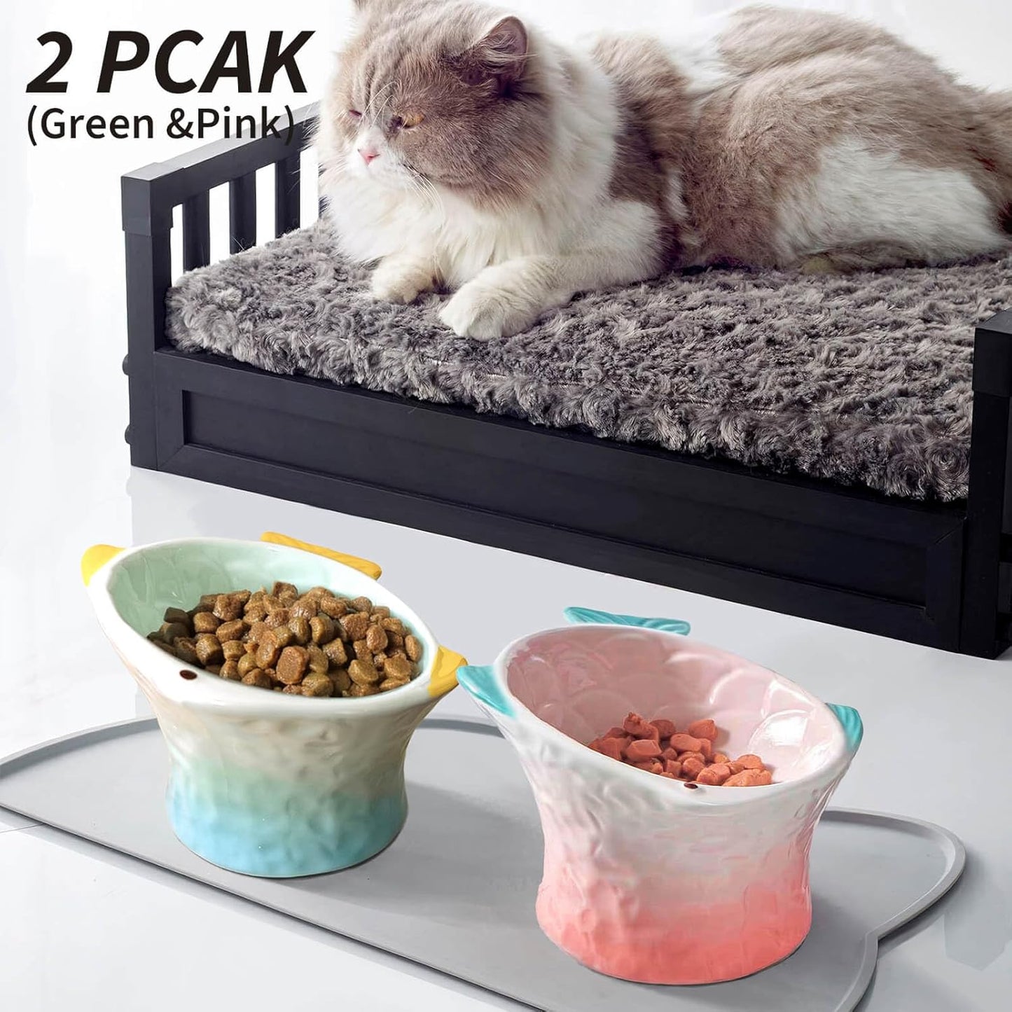 Ceramic Raised Cat Food Bowl, Shallow & Tilted, Anti Vomiting and Whisker Fatigue, Non-Slip, Cute Fish Shape Cat Feeding Bowls for Dry and Wet Food, for Kitten, Pink/Green, 2-Pack