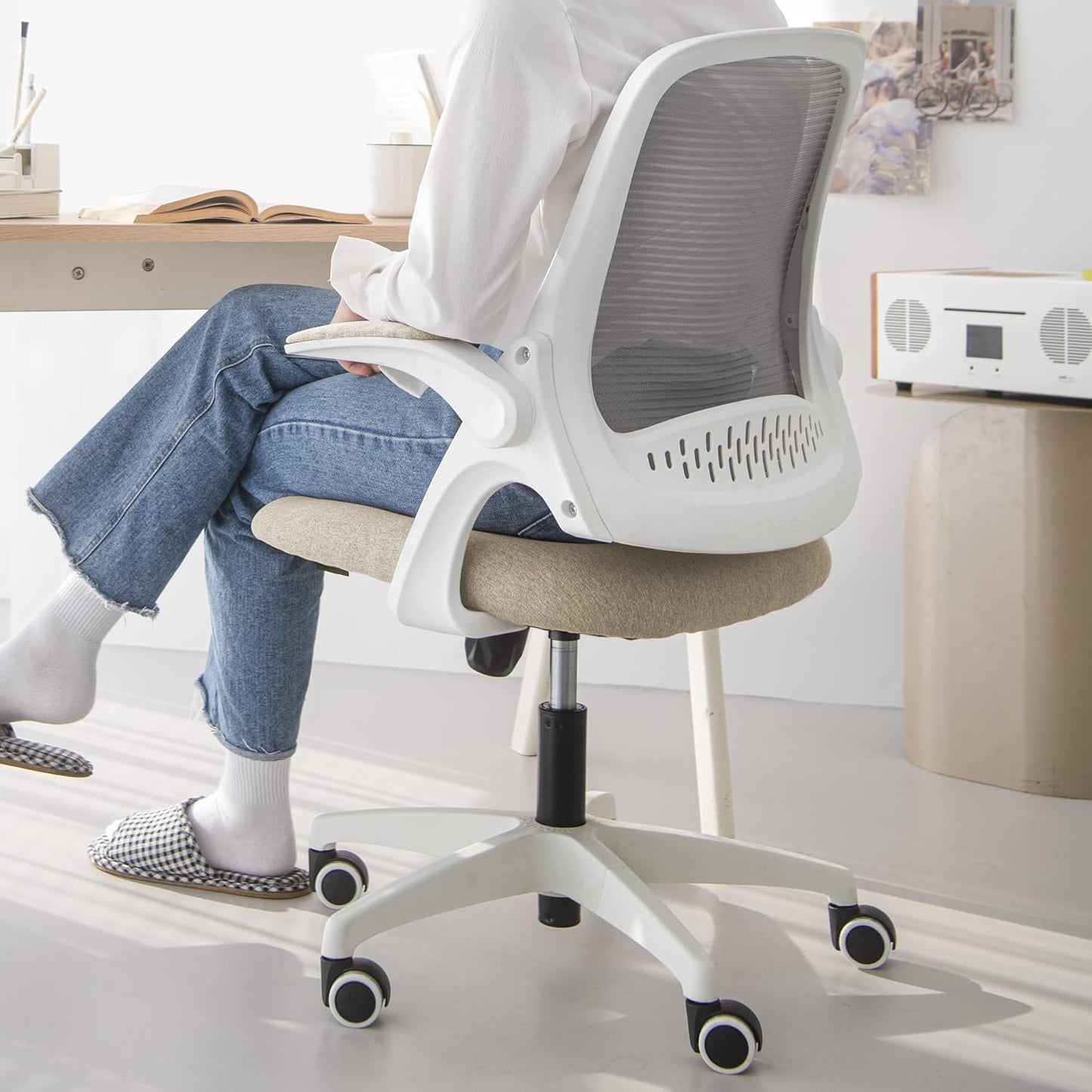 NEO CHAIR Office Desk Computer Gaming Ergonomic Chair with Lumbar Back Support Adjustable Height Swivel Wheels Flip-up Arms Mesh Chair for Home or Office (Beige)
