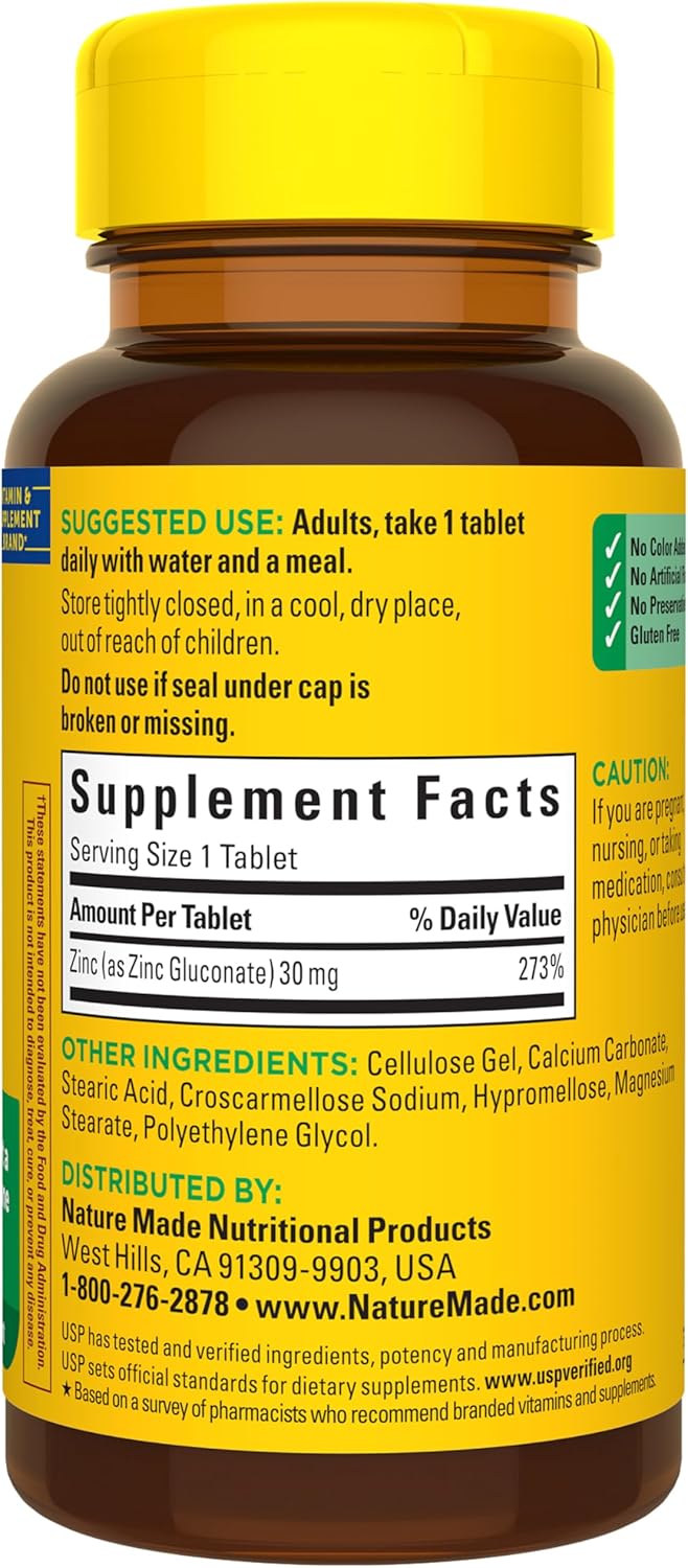 Nature Made Zinc 30 mg, Zinc Supplements for Men & Women, Dietary Supplement for Immune Health and Antioxidant Support, 100 Tablets, 100 Day Supply