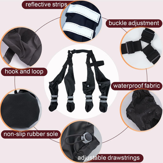 Dog Suspender Boots, Waterproof Dog Boots& Paw Protectors, Winter Snow Boot for Large Dogs, Stay-On Anti Dirt Legging Shoes for Rain & Mud, Reflective Anti-Slip Booties for Hiking, Black XXL