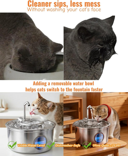 Cat Water Fountain Stainless Steel - 108oz/3.2L Ultra-Quiet Cat Fountain for Drinking with Removable Water Bowl, Kitty Spout Fountain with 3 Filters Supplies for Cats, Small Dogs, Multiple Pets