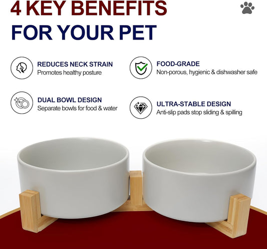 Dog Food Bowl, 13.5 oz Ceramic Food and Water Bowls for Dogs, Pet Dishes Set with Wood Stand, for Small Size Dog and Cat, No Spill Feeding Station with Weighted Base, Grey
