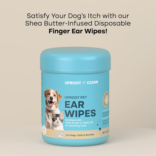 Uproot Clean Cat & Dog Ear Cleaner Finger Wipes (50ct.): Disposable Dog Ear Wipes Enriched with Shea Butter & Jojoba Oil - Cleaner Removing Wax Build Up, Help with Odor Discomfort
