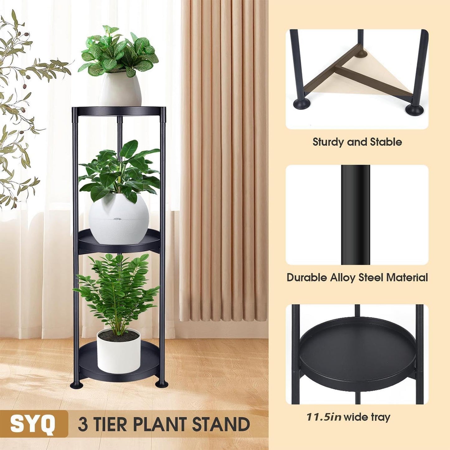 SYQ 3 Tier Plant Stand Indoor Outdoor - 34'' Extra-Tall Metal Plant Stands for Potted Plants Multiple Tiered Plant Shelf Vertical Black Iron Planter Rack Large Flower Pot Holder Table for Patio Corner