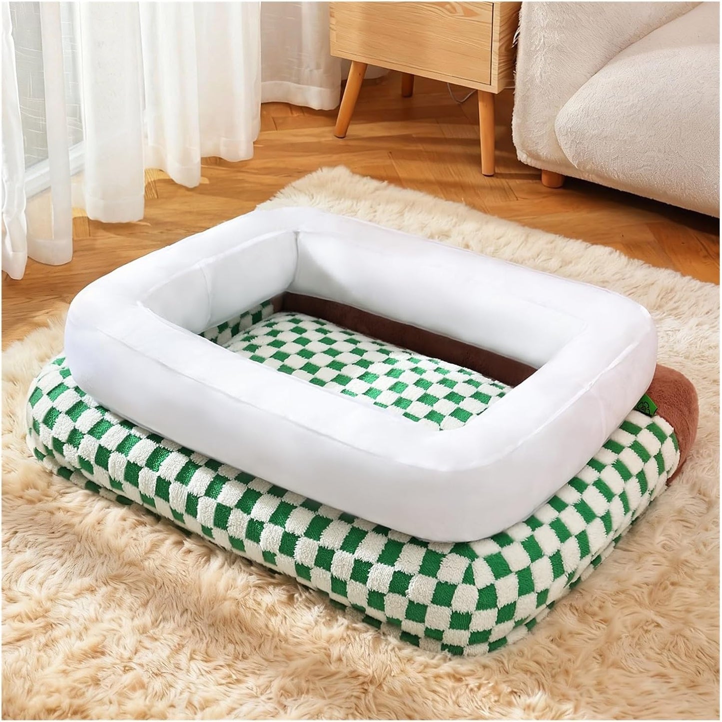 Checkerboard Square nest Soft Large pet Bed deep Sleep cat Kennel Winter Warm mat(Green,Small)