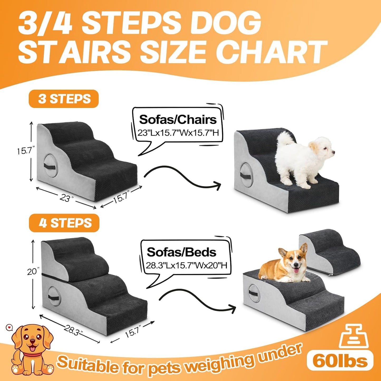 Stable Dog Stairs for Small Dogs, 3-Step, Black