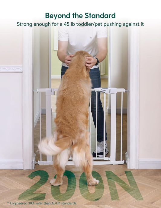 Babelio 29-55 Inch Extra Wide Baby/Dog Gate, PressGuard P7, Metal Auto Close, Pressure Mounted Pet Door for Doorways, NO Need Tools and Drilling, with Wall Cups, White