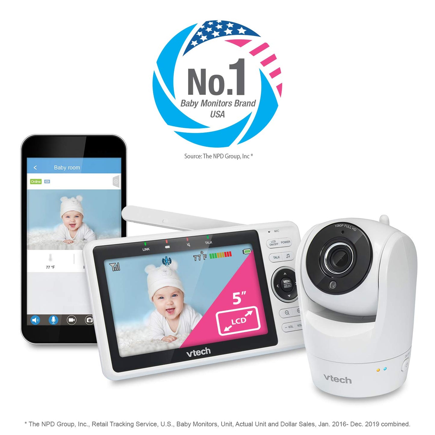 VTech VM901 Smart WiFi Baby Monitor with 1080p FHD Camera and 5" HD IPS Display, Free App, Remote Pan Tilt Zoom, Night Vision, Motion Detection Alerts