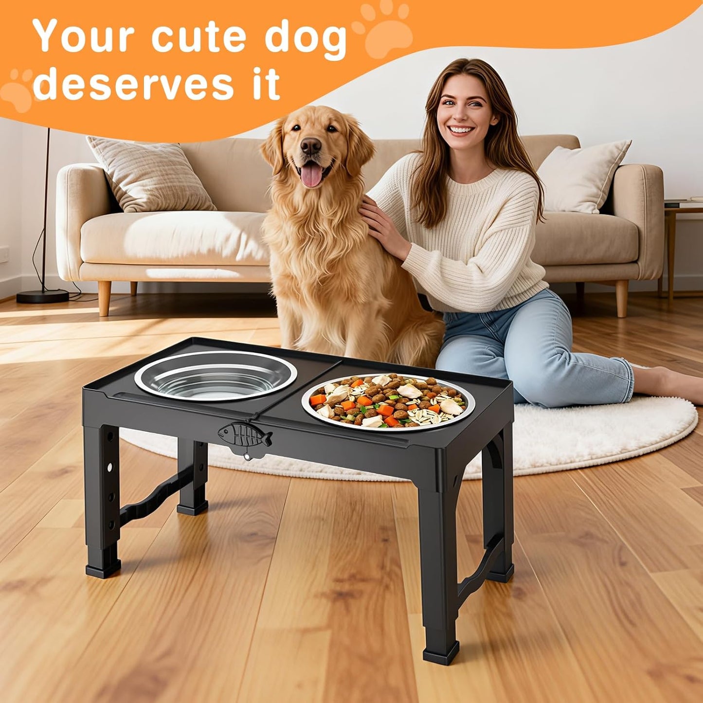 Elevated Dog Bowls Stand with 5 Heights from 3.8" to 13.4", Raised Dog Bowl Suitable for Medium & Large Sized Dogs, Adjustable Pet Food Stand with 2 Stainless Steel Bowls, Foldable Feeder, Black