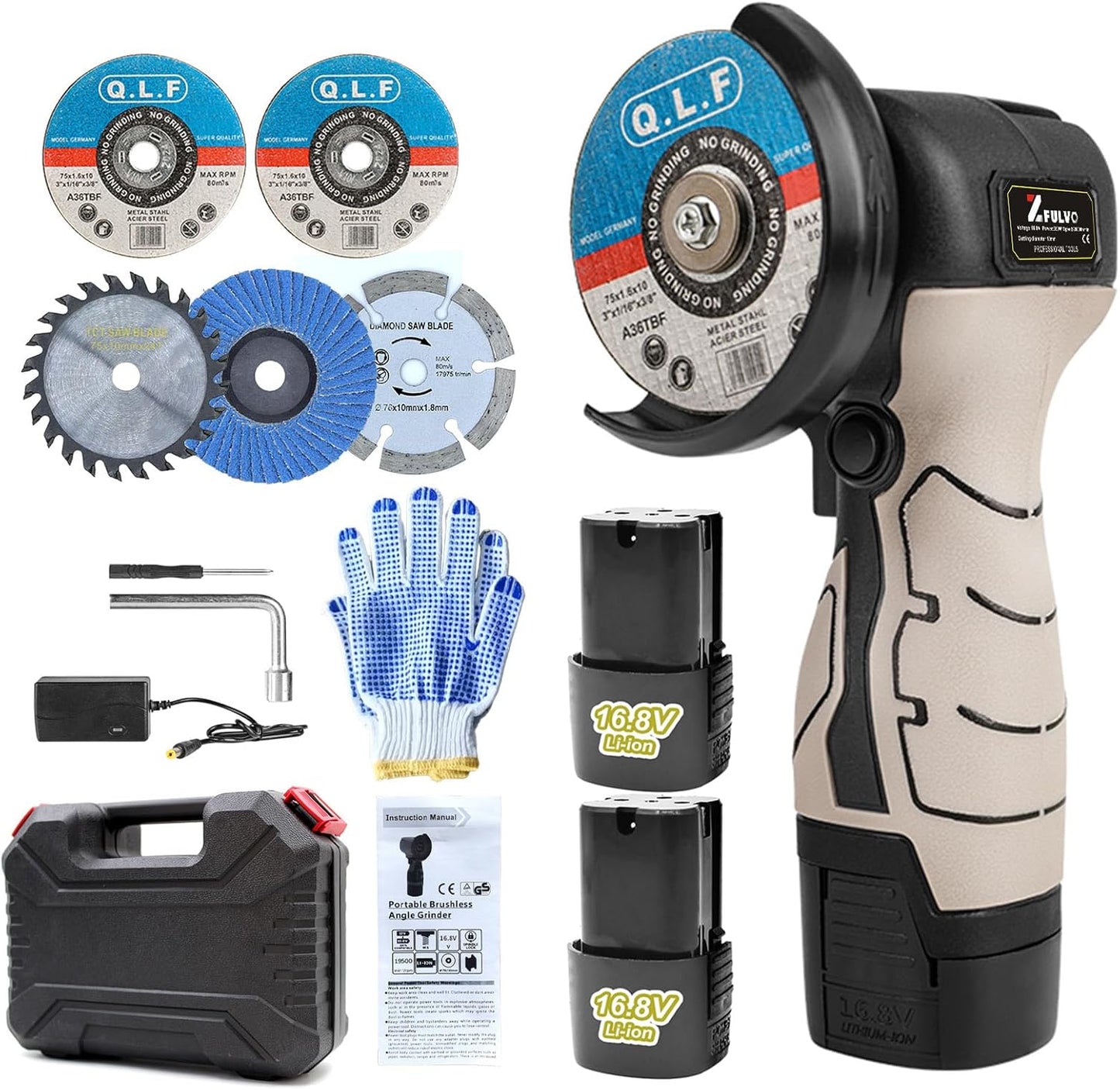 Cordless Brush Angle Grinder Kit, 19500rpm Mini Electric Angle Grinding Tool with 2pcs 16.8V 2000mAh Batteries and 5-Cutting Discs, Grinder Handheld Cutter for Metal Wood
