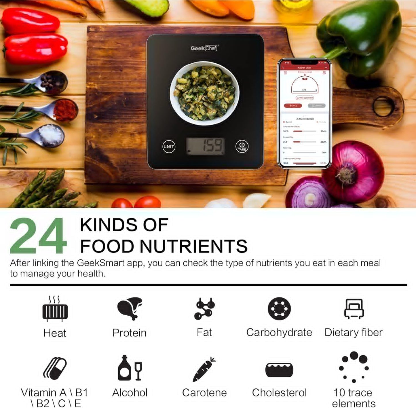 Geek Chef Digital Scale with App, Scale for Food Weight, Smart Food Nutrition Scale, Digital Kitchen Scales, Cooking Tool of Kitchen,1 lb/oz Black Glass