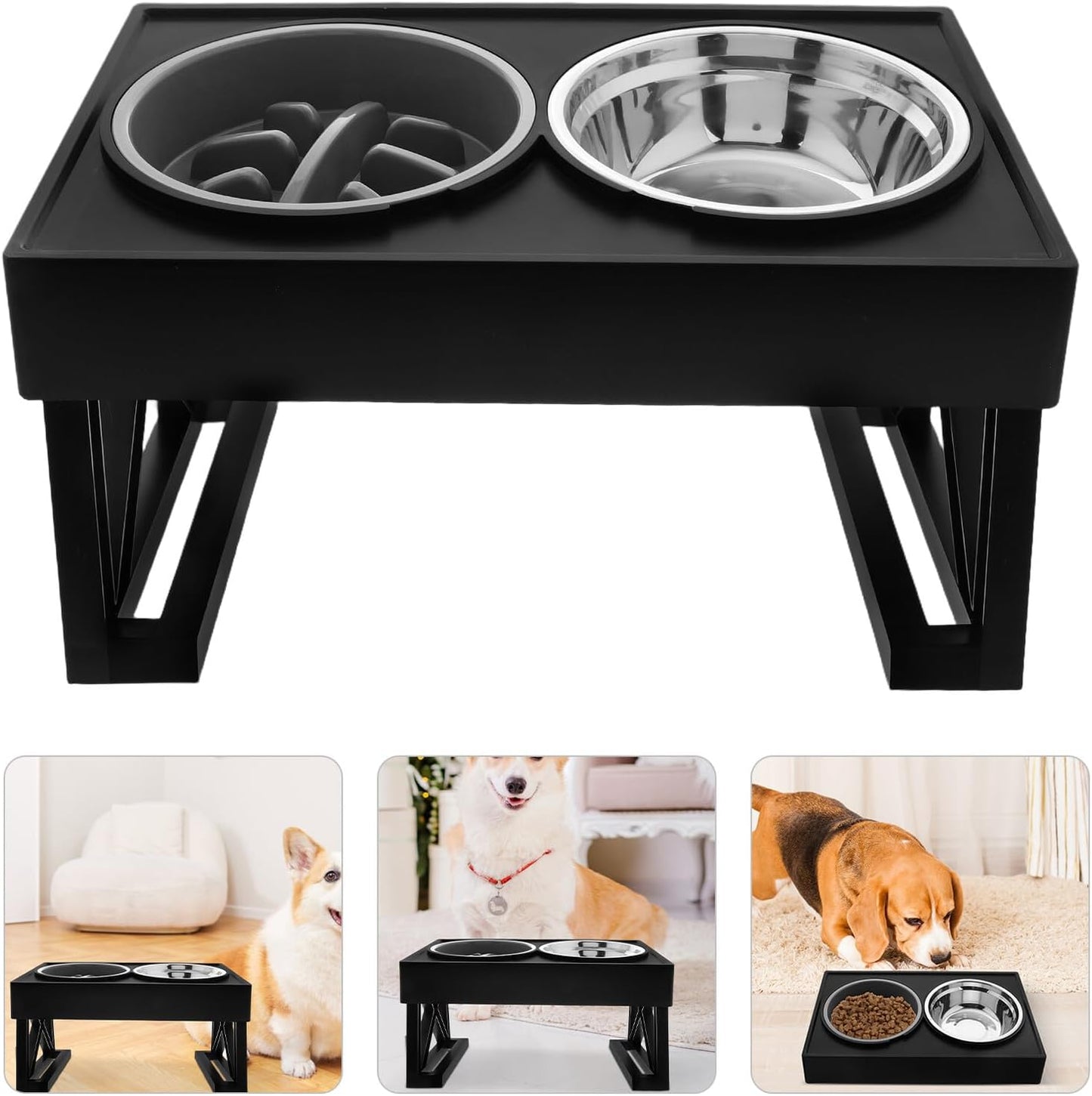 Milisten Elevated Cat and Dog Bowls Set Stainless Steel Slow Feeder with Adjustable Stand Non-tip Raised Food and Water Dish for Small Dogs and Puppies
