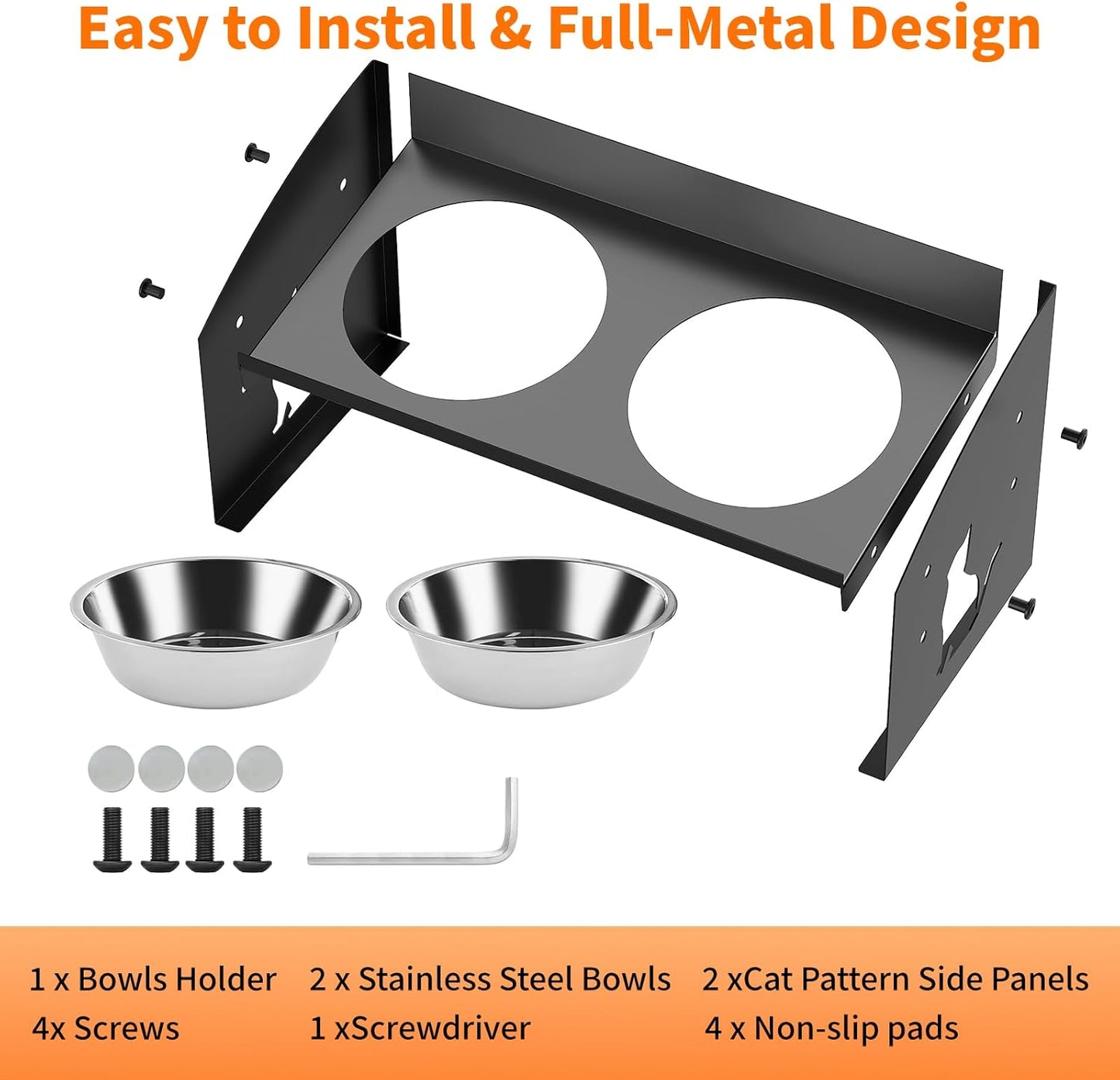 No Spill Raised Cat Food Bowl, 3-in-1 Elevated Dog Bowls with Splash Proof, Adjustable Cute Metal Stand,12° Tilted Anti-Vomiting, Stainless Steel Food and Water Bowl Set for Cats and Small Dogs