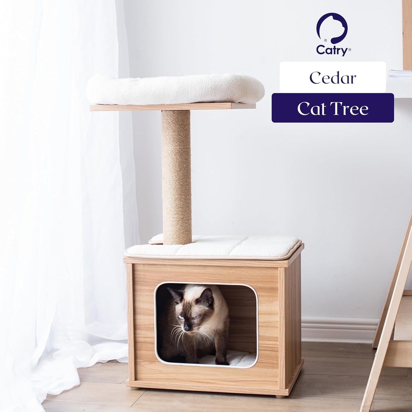 Catry 29.7" Tall 3 Level Laminated Wood Cat Tree with Large Base Condo, 2 Paded Steps, Natural Jute Scratching Post, Sturdy and Easy to Assemble for Small Cat, Brown