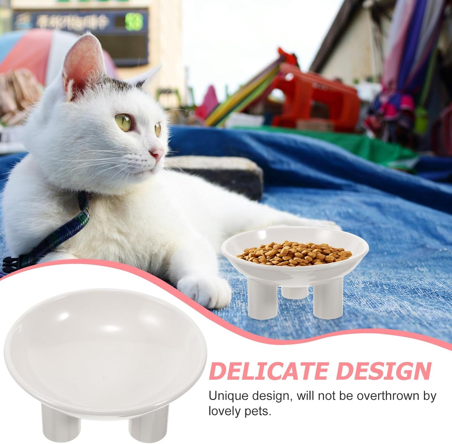 Milisten Raised Cat Bowl and Dog Food Bowl, Plastic Elevated Pet Feeder with Large Opening and Three Legs, White Wear-Resistant Feeding Dish for Indoor Cats and Kittens