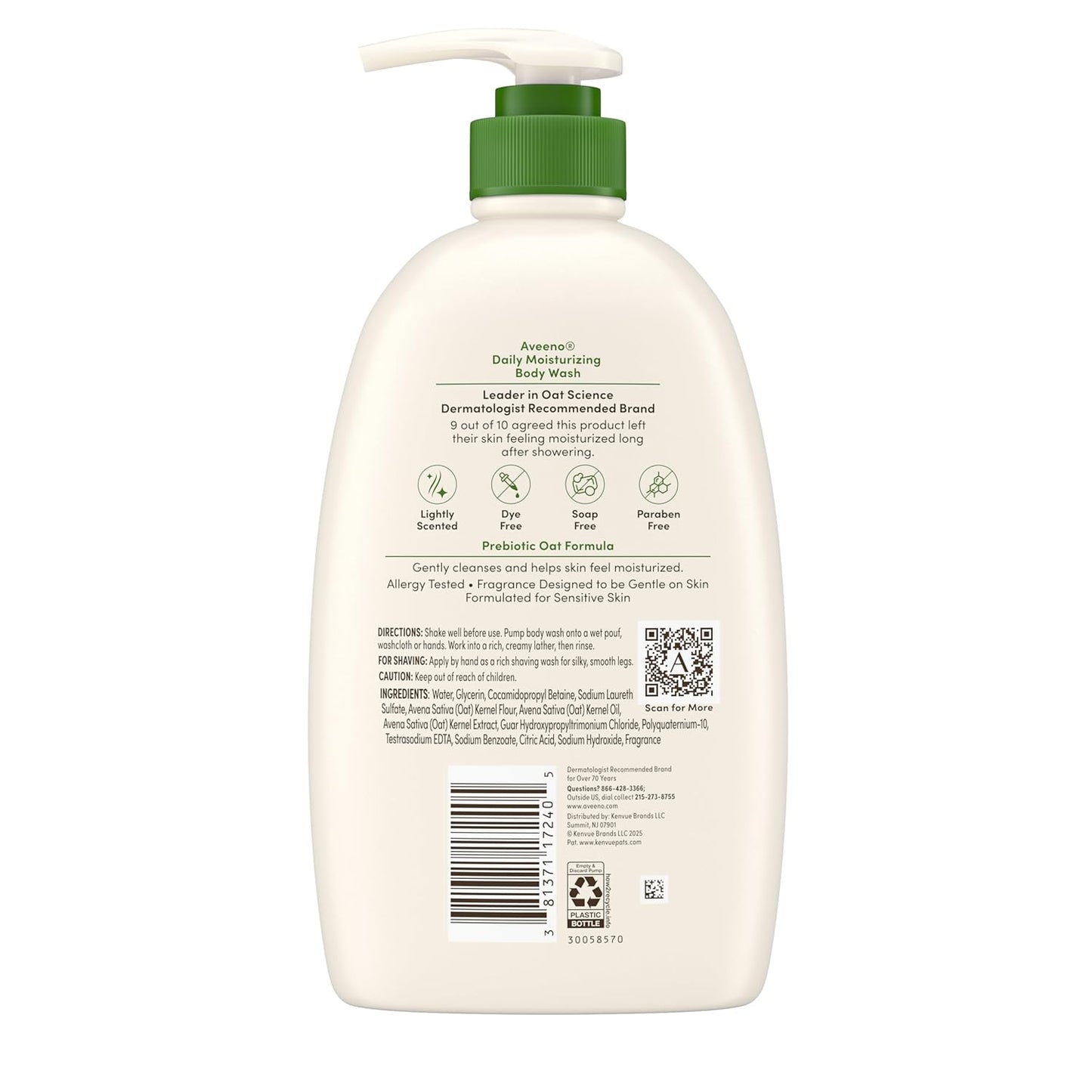 Aveeno Daily Moisturizing Body Wash for Dry & Sensitive Skin + Prebiotic Oat, Body Wash Gently Cleanses & Nourishes Dry Skin, Lightly Scented, Value Size, 33 fl. oz