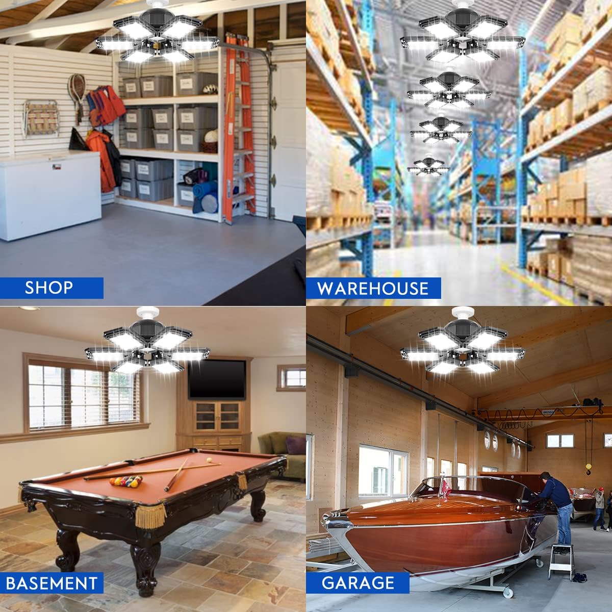 2 Pack LED Garage Lights 180W Deformable 18000LM Close to Ceiling Light Fixtures E26 E27 Screw-in Six Leaf Glow Lighting, Ultra Bright LED Shop Light with 6 Adjustable Panels for Work Shop Warehouse