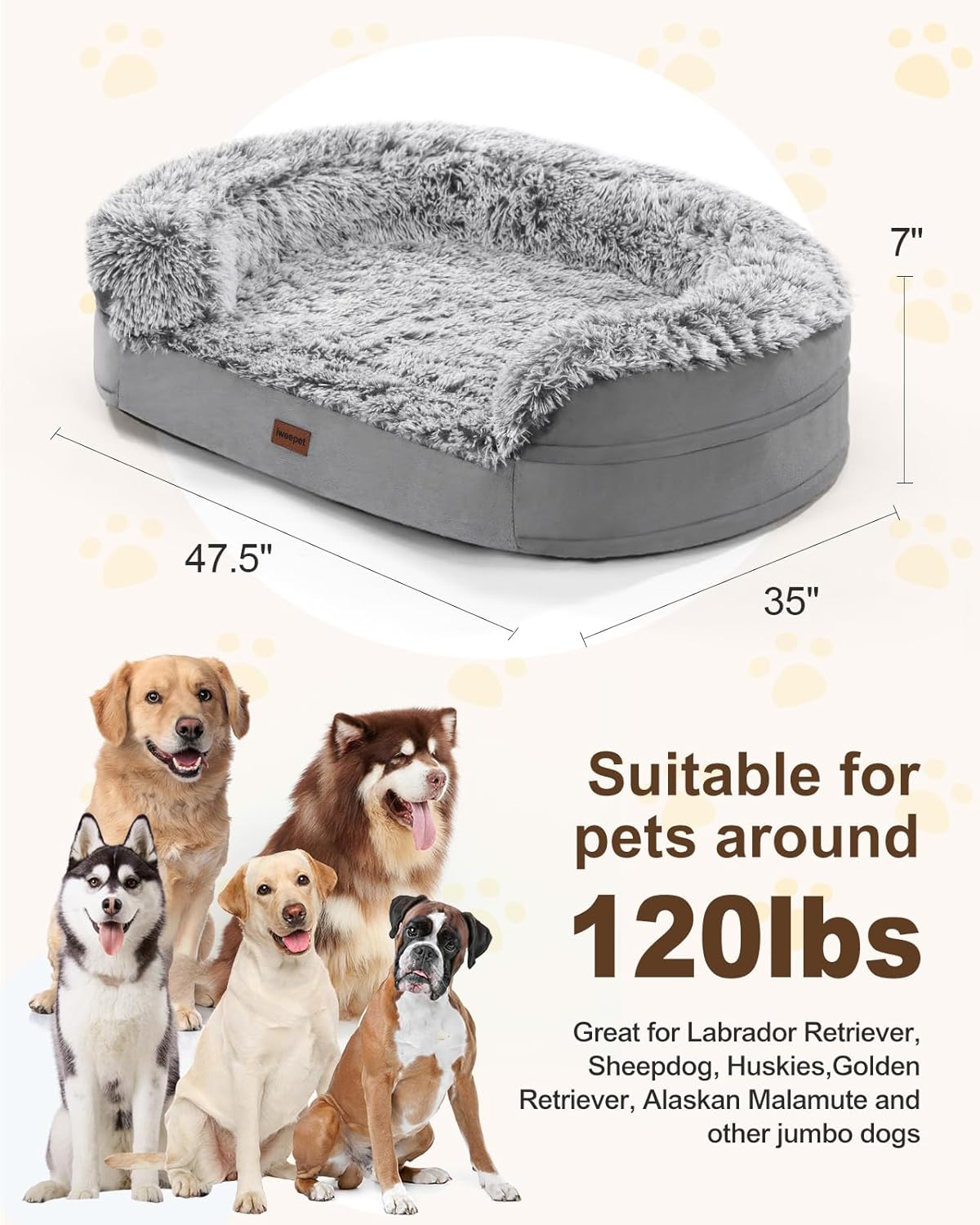Fluffy 3.7 inch Thickened Orthopedic Dog Beds for Jumbo Dogs, Curved Bolster Support Dog Couch with Removable & Washable Cover, Orthopedic Oval Memory Foam, Non Slip Bottom,Grey