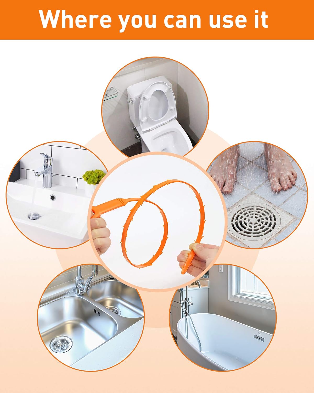 25 Inch Snake Drain Clog Remover Tool, 6PCS Hair Drain Cleaner Tool, Hair Cather Shower Drain Tool, Drain Auger hair Cleaning Tool for Shower Kitchen Sink Bath Tub Bathroom
