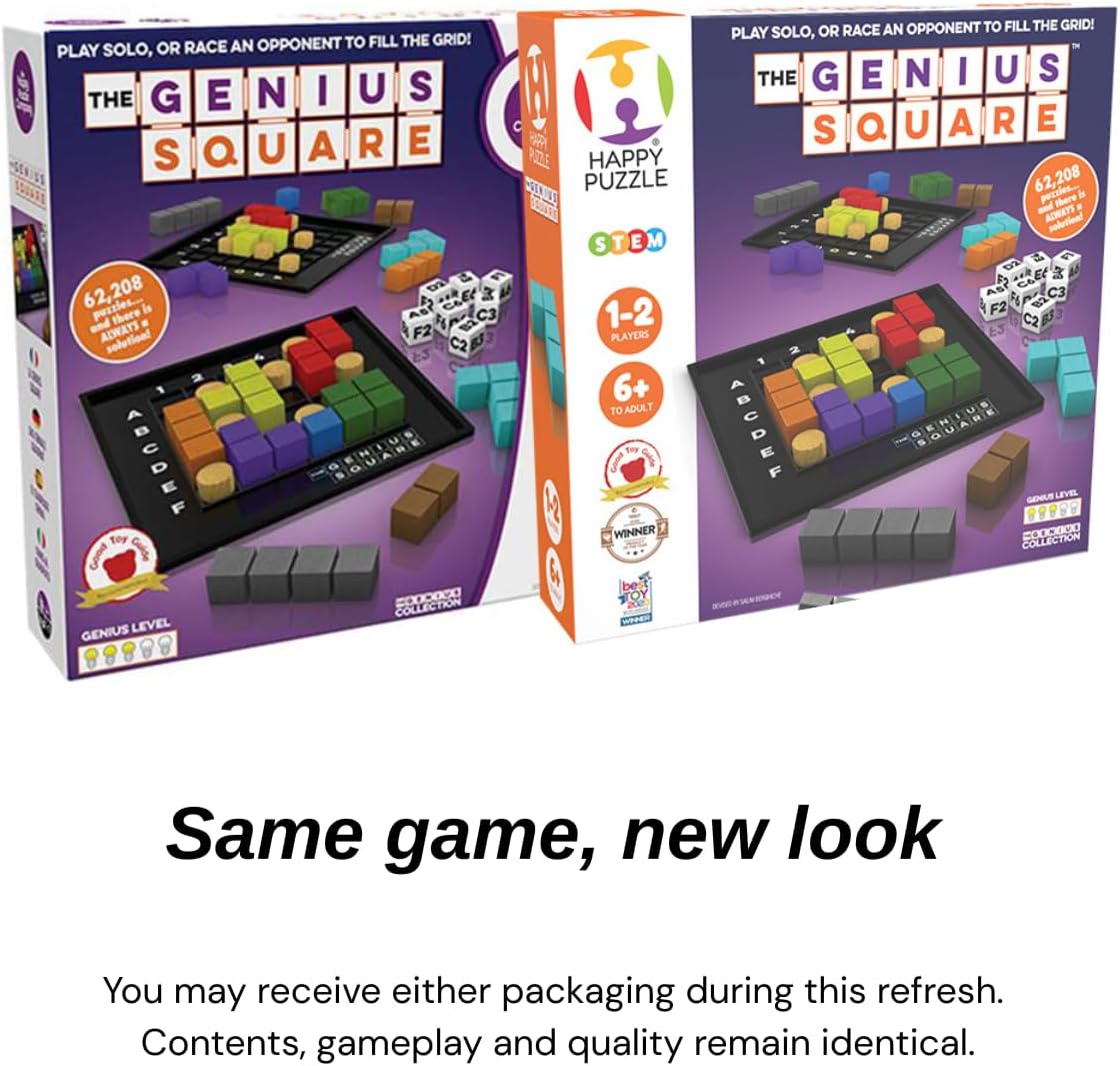 The Genius Square from The Happy Puzzle Company – Game of The Year Award Winner, 60000+ Solutions STEM Puzzle Game. Roll Dice, Race Your Opponent to Fill Grid with Different Shapes!