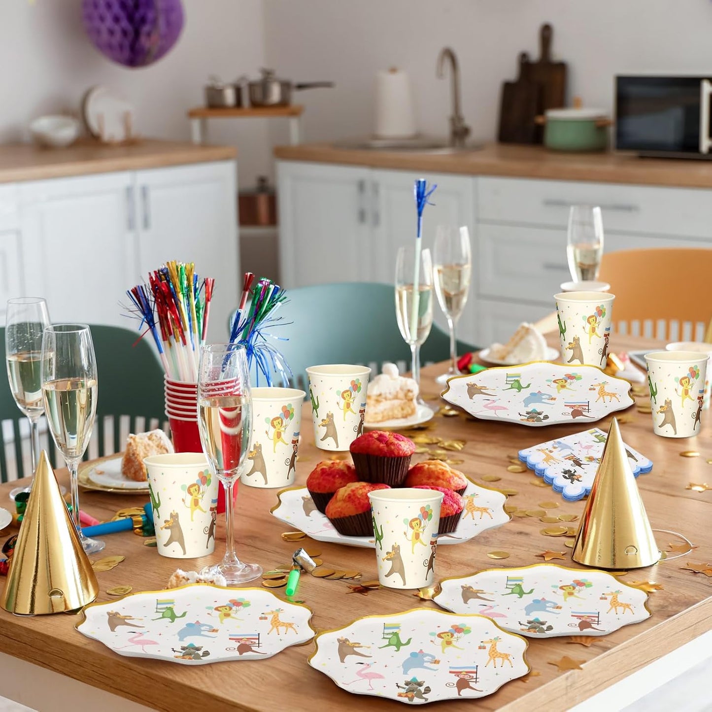 150 Pcs Animal Parade Party Supplies Paper Plates and Napkins Cups Cute Disposable Animal Parade Tableware Set for Birthday Party Decorations, Serve 50 Guests