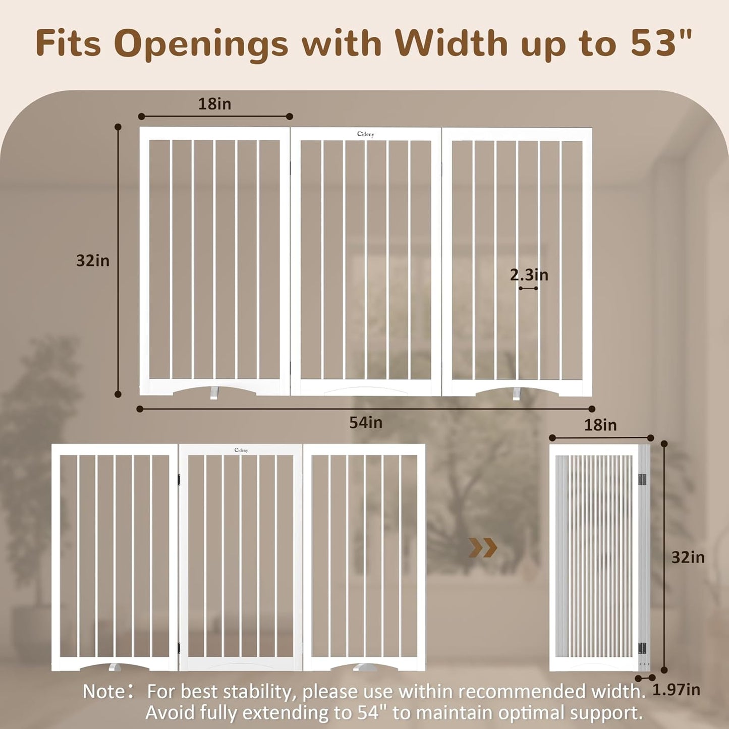 32" Extra Tall Freestanding Dog Gate, Foldable Pet Gate for Doorways Stairs Hallways, 3-Panel Dog Fence with Support Feet for Stability, Folding Puppy Gate Easy to Carry No Drilling 54"x32"