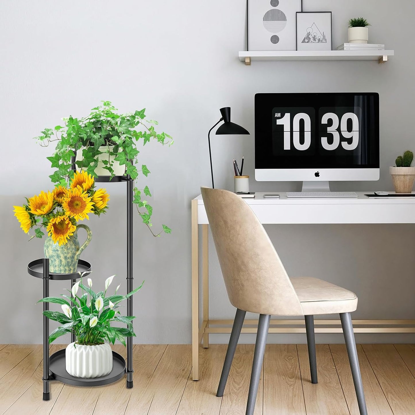 3-Tier Metal Plant Stand for Indoor & Outdoor, Heavy Duty Corner Flower Shelf Display Rack for Living Room Balcony Patio Garden Bedroom Classroom Black (Black-B)